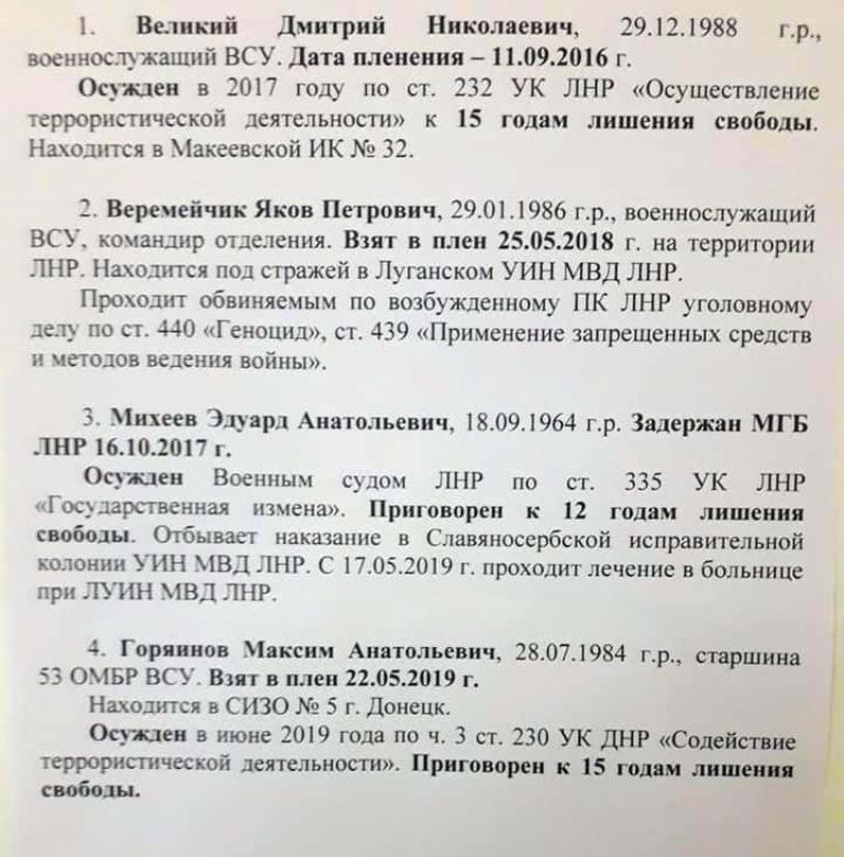 "ДНР" и "ЛНР" передадут четырех украинских пленных: стали известны имена военных, которых освободят на Донбассе