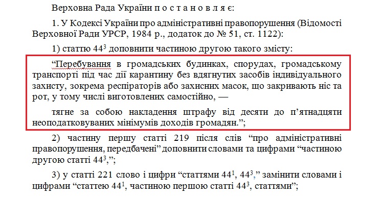 Верховная Рада ввела штрафы за маску на подбородке или ее отсутствие