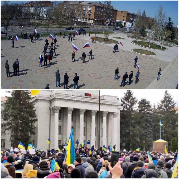 В Херсоне оккупанты разогнали масштабный проукраинский митинг, а Новой Каховке митингующих с триколорами охраняли боевики