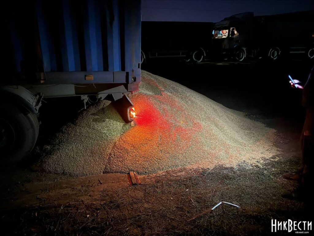 Подперли фуру с обеих сторон: в Одесской области неизвестные в балаклавах высыпали на дорогу пять тонн зерна