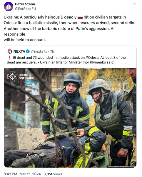 В ЄС назвали ракетний удар по Одесі «доказом варварської природи путінської агресії»