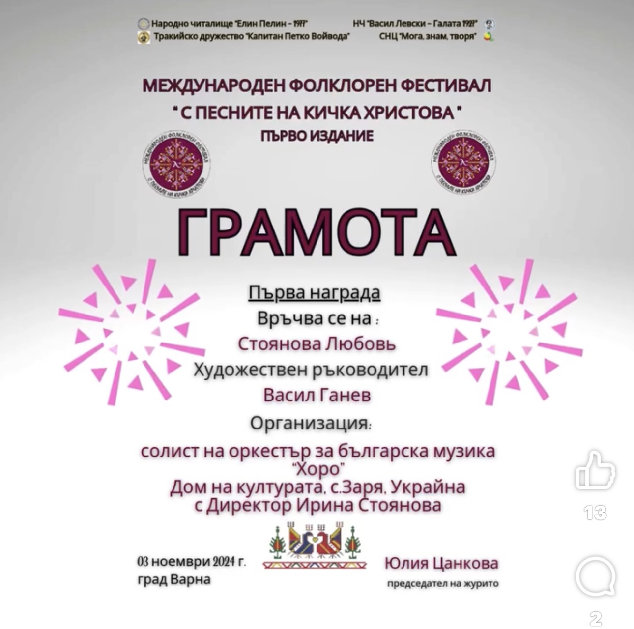 Творчі колективи з Саратської громади отримали призові місця на міжнародному фестивалі