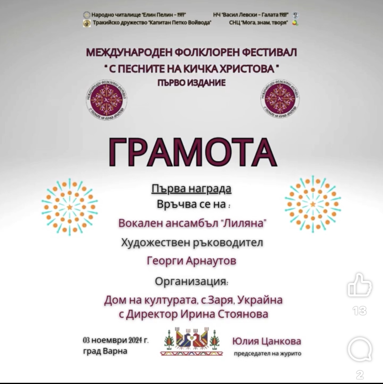 Творчі колективи з Саратської громади отримали призові місця на міжнародному фестивалі