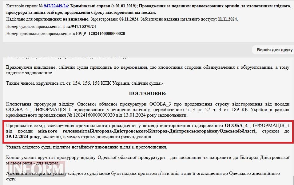 Мер Аккермана залишиться у СІЗО до Нового року: свідки у справі розповіли про погрози