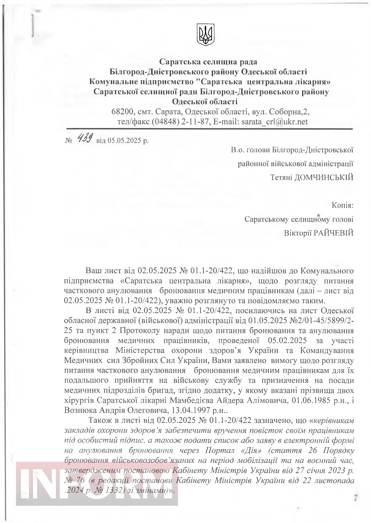 Стало відомо, чи мобілізують двох провідних хірургів Саратської лікарні (додано документ)