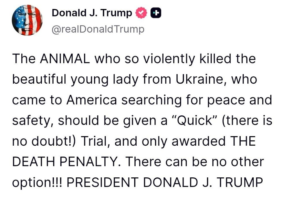 Трамп вимагає смертної кари для вбивці 23-річної біженки з України