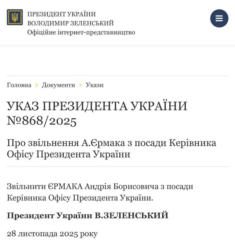 Президент звільнив голову Офісу президента Андрія Єрмака