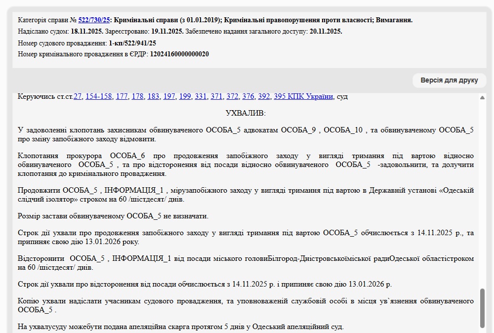 Без шансів на пом'якшення: суд залишив мера Білгорода-Дністровського за ґратами