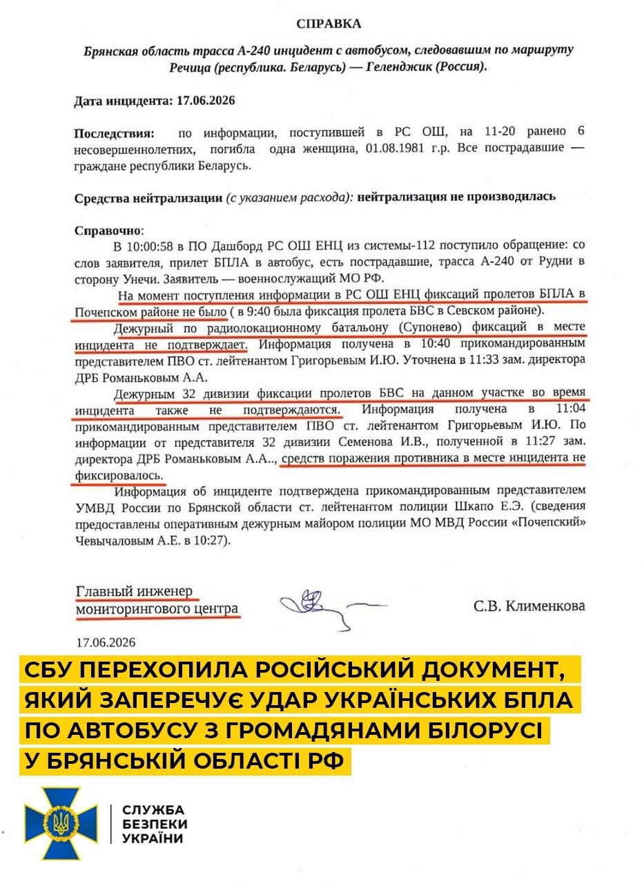 СБУ перехопила документ рф, що спростовує фейк про український удар по автобусу з громадянами Білорусі
